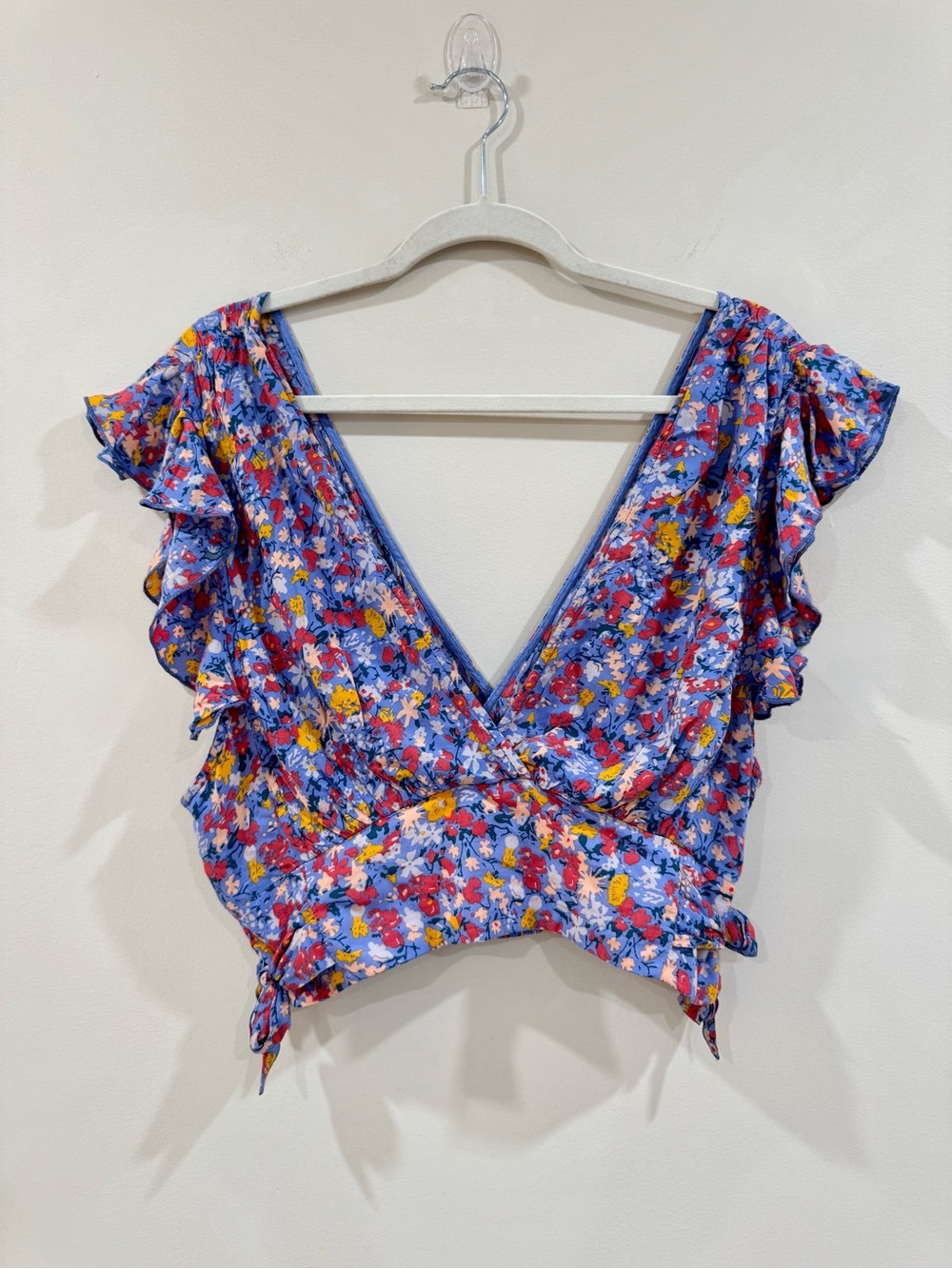 Free People Floral Flutter Sleeve Smocked Back Crop Top Boho Cottagecore L